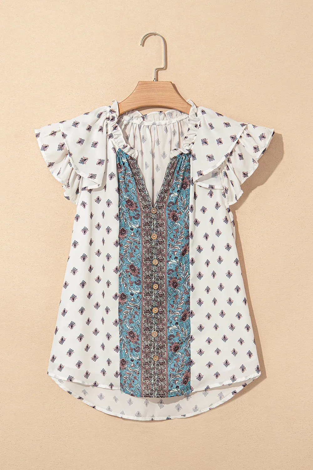 Boho Pattern Tiered Ruffled Sleeve V Neck Buttoned Blouse - Image 6