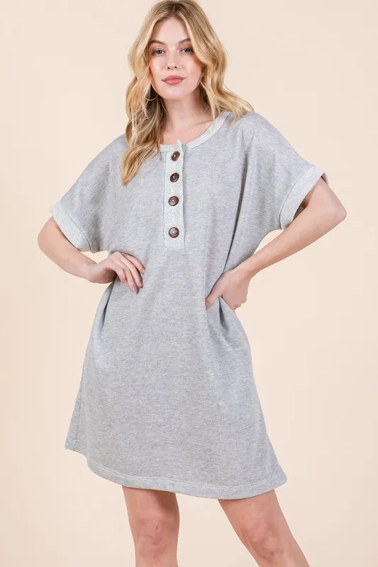 BOMBOM Casual Contrast Trim Henley Dress - Image 3