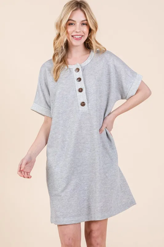 BOMBOM Casual Contrast Trim Henley Dress - Image 5