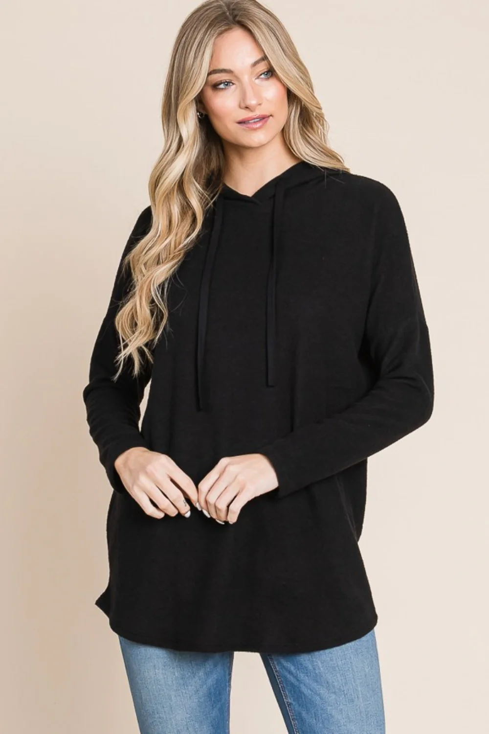 BOMBOM Contrast Drawstring Drop Shoulder Knit Hoodie - Image 4