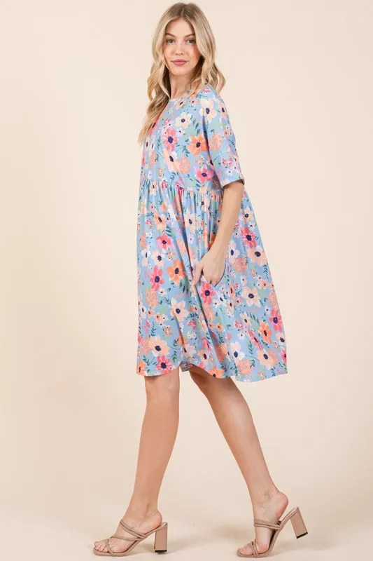 BOMBOM Floral Shirred Dress with Pockets - Image 3