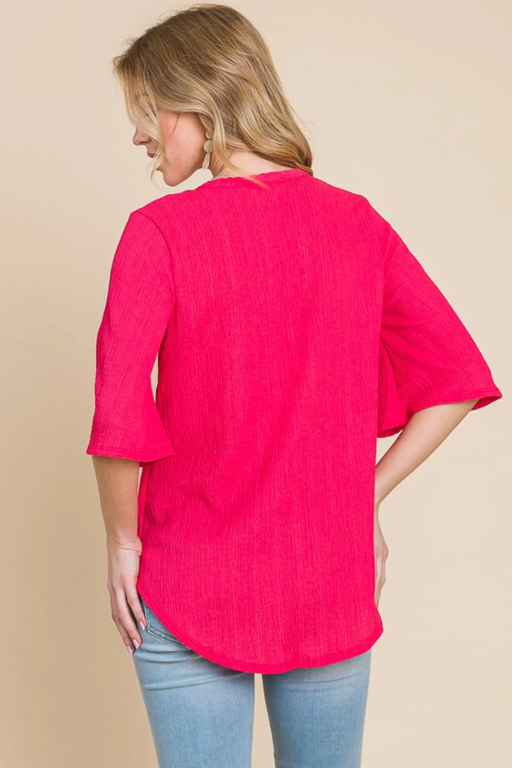 BOMBOM Texture Decorative Button V-Neck Top - Image 2