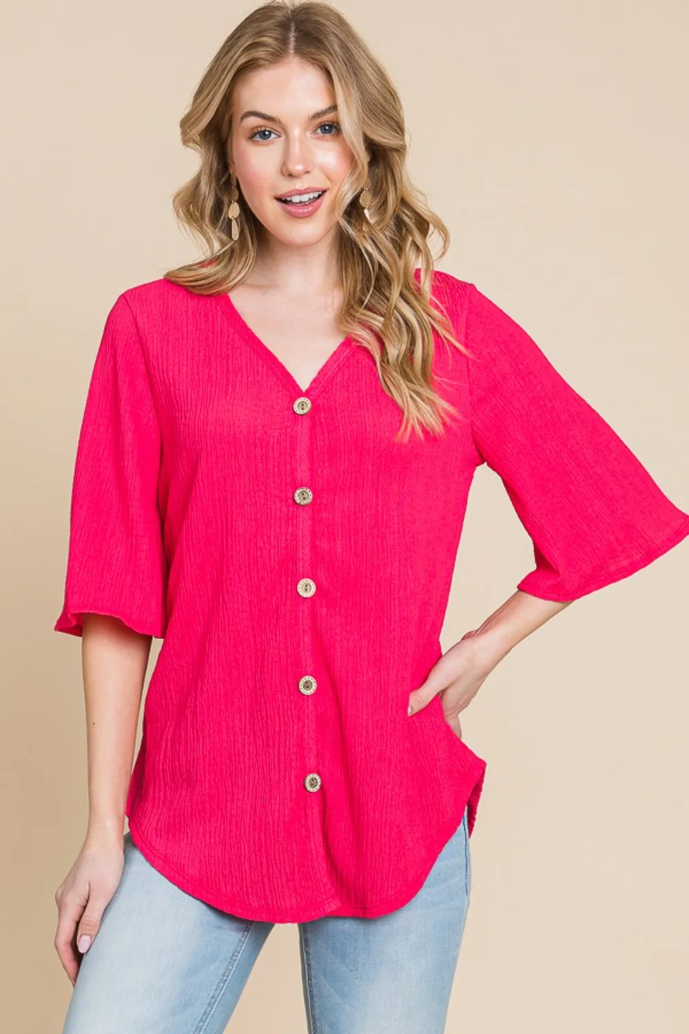 BOMBOM Texture Decorative Button V-Neck Top - Image 3