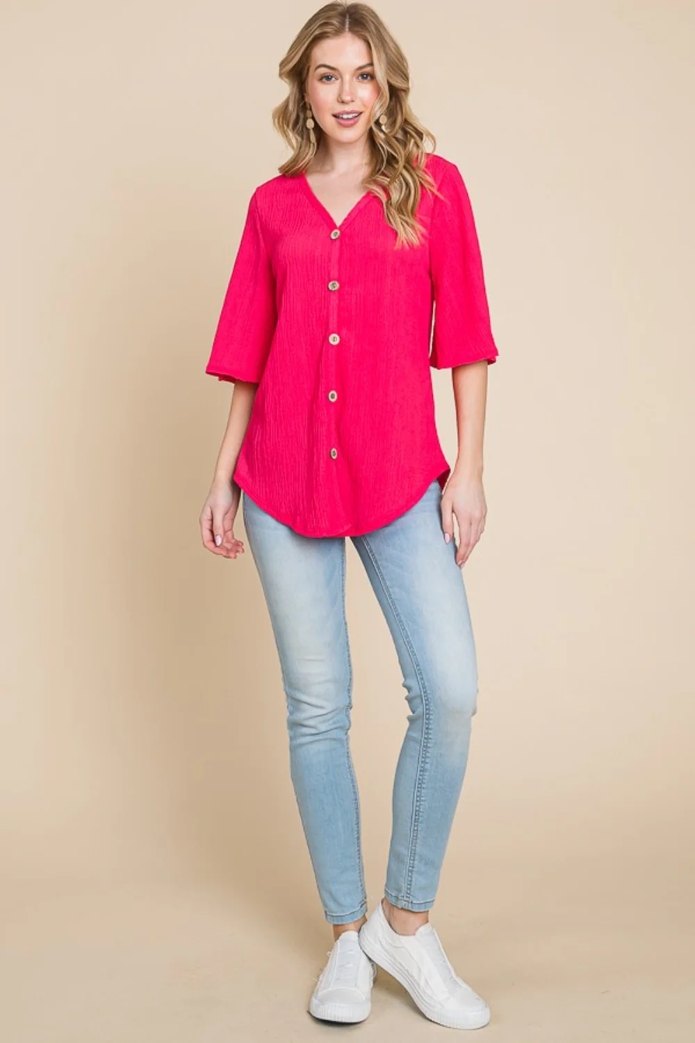 BOMBOM Texture Decorative Button V-Neck Top - Image 4