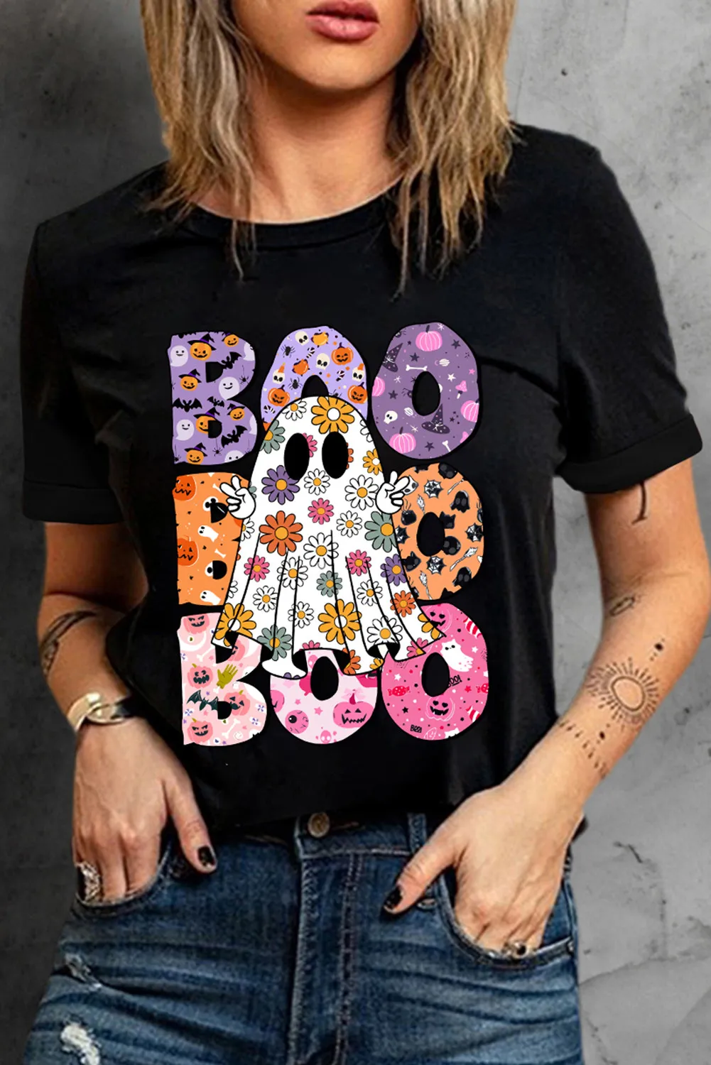 BOO Ghost Graphic Round Neck Short Sleeve T-Shirt - Image 2