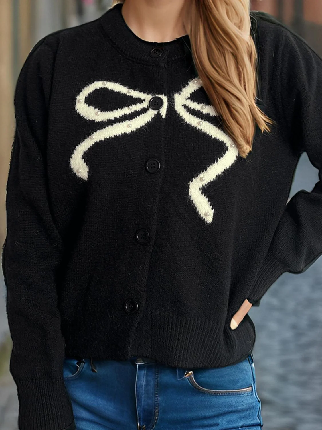 Bow Button Down Round Neck Cardigan - Image 10