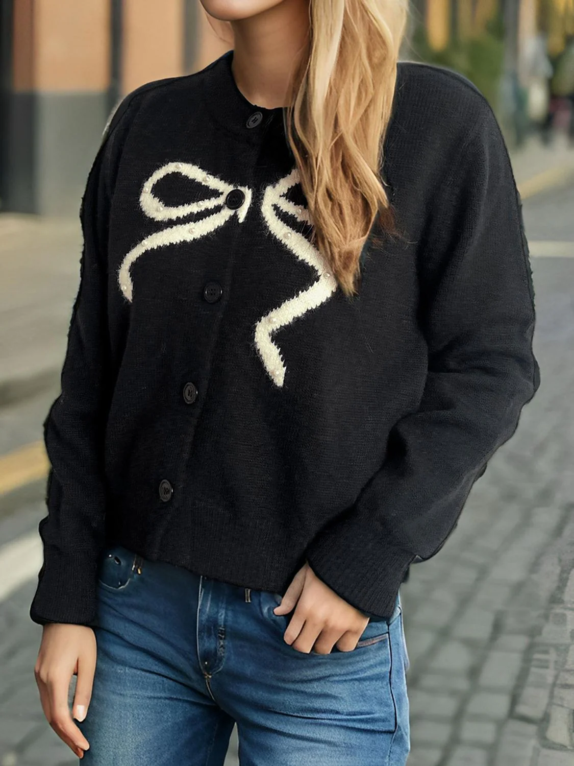 Bow Button Down Round Neck Cardigan - Image 11