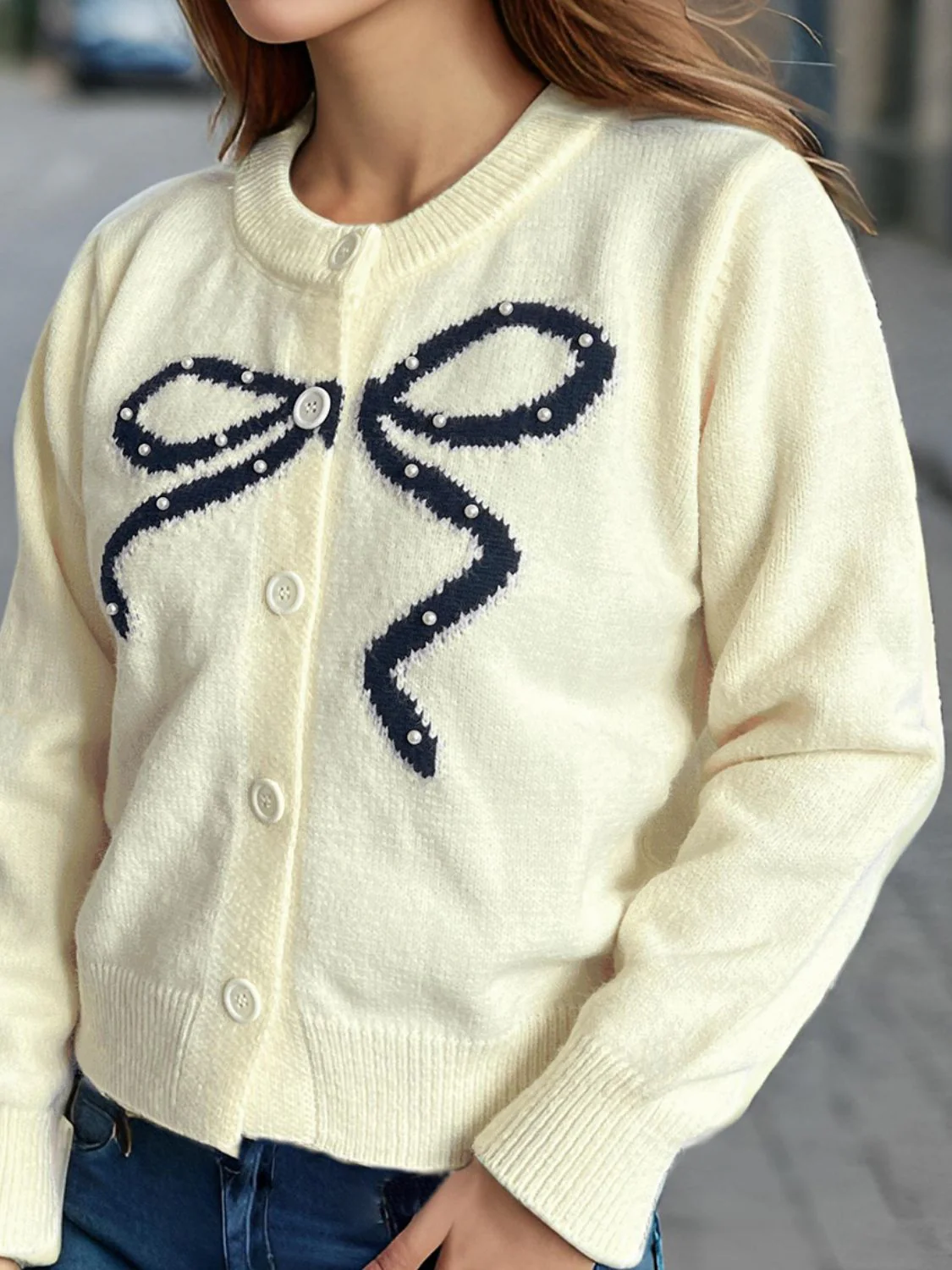 Bow Button Down Round Neck Cardigan - Image 2