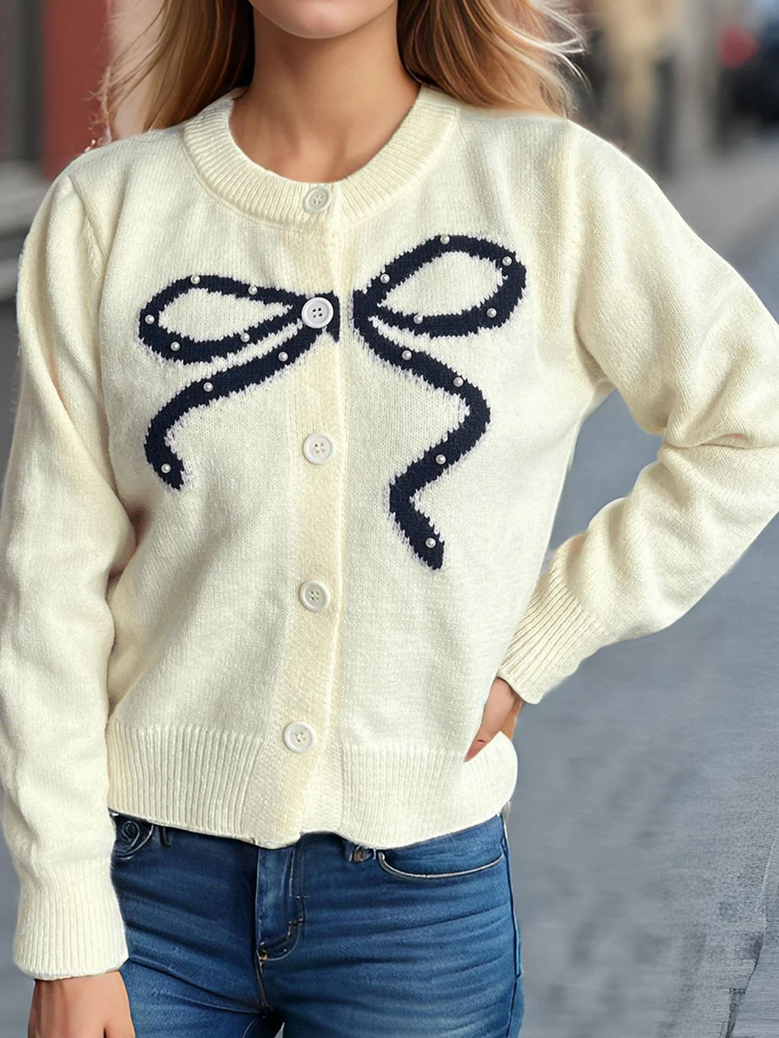 Bow Button Down Round Neck Cardigan - Image 3