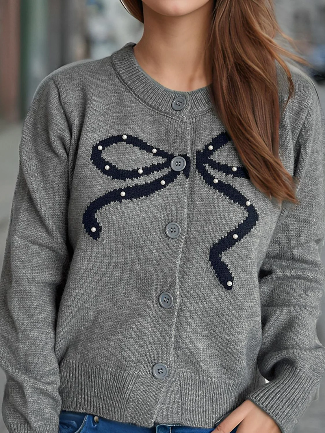 Bow Button Down Round Neck Cardigan - Image 4