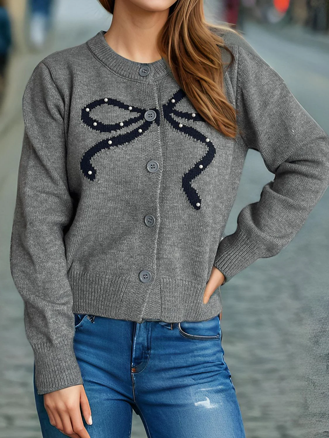 Bow Button Down Round Neck Cardigan - Image 6