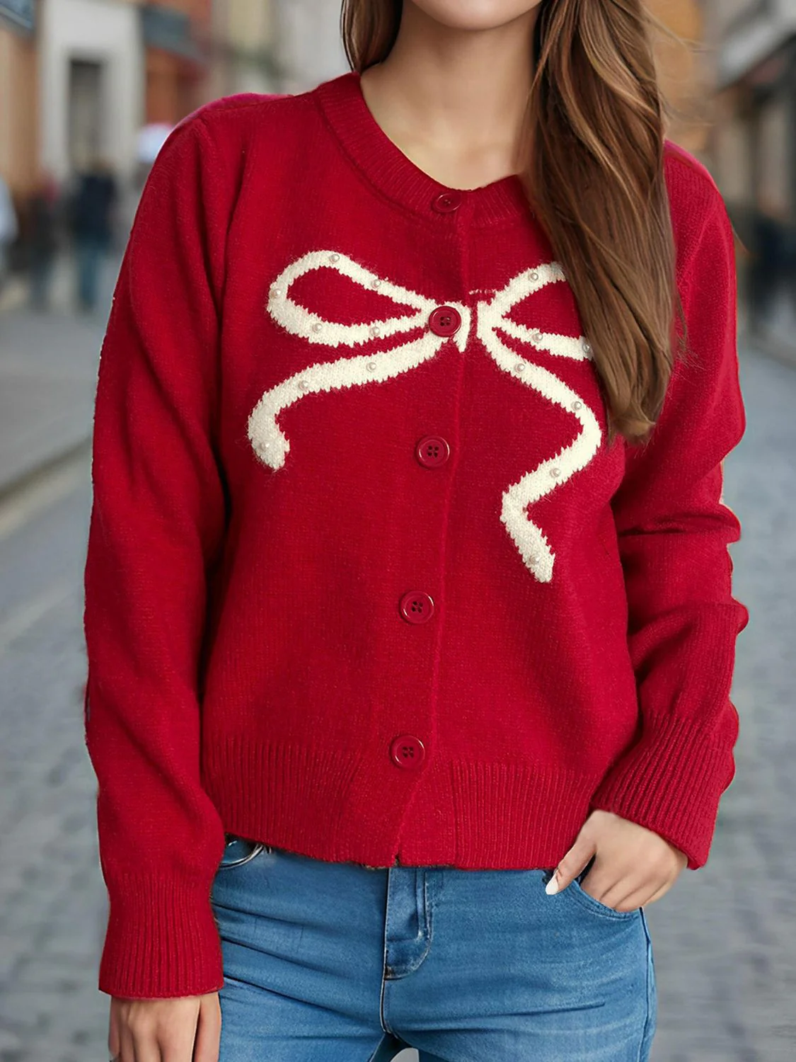 Bow Button Down Round Neck Cardigan - Image 7