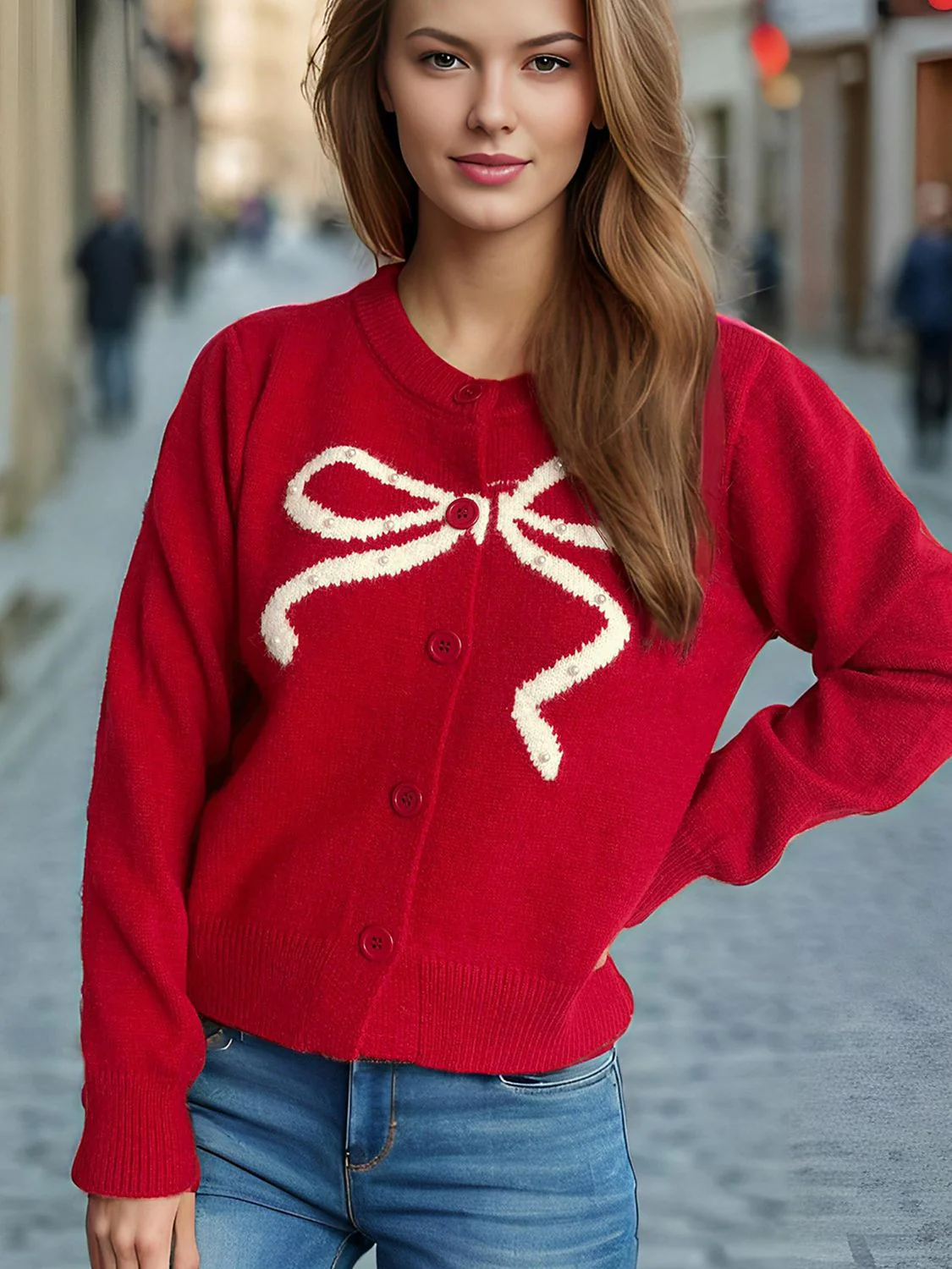 Bow Button Down Round Neck Cardigan - Image 8