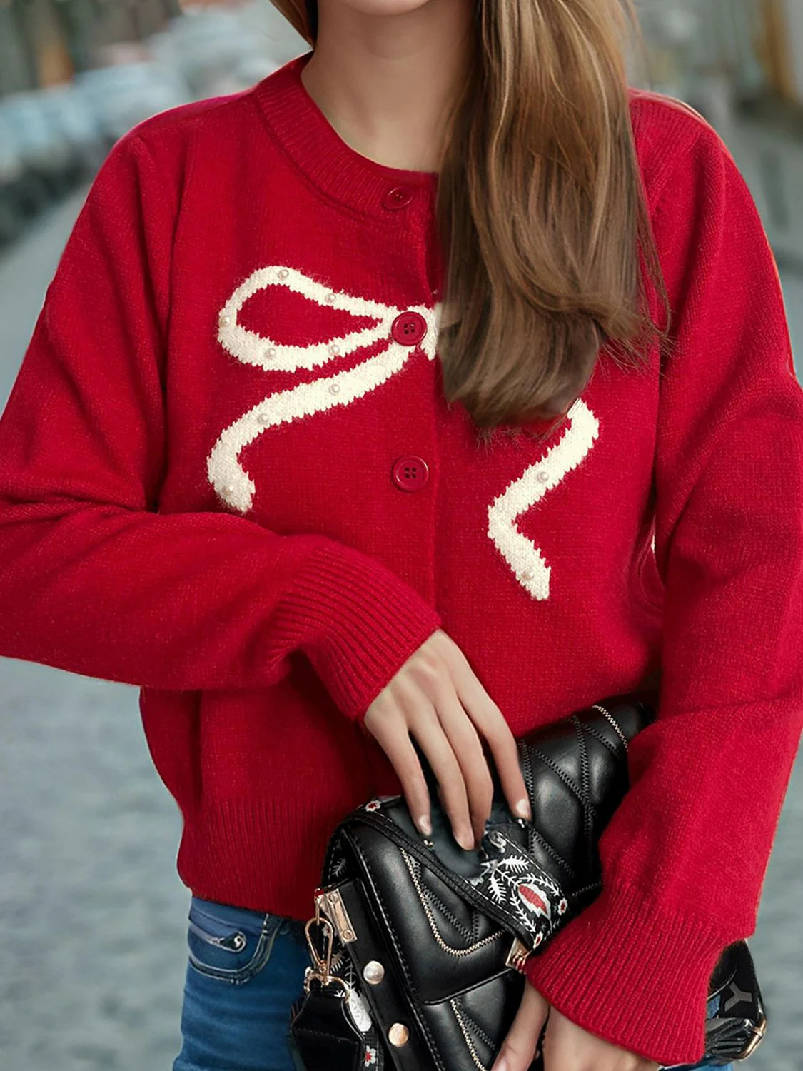 Bow Button Down Round Neck Cardigan - Image 9