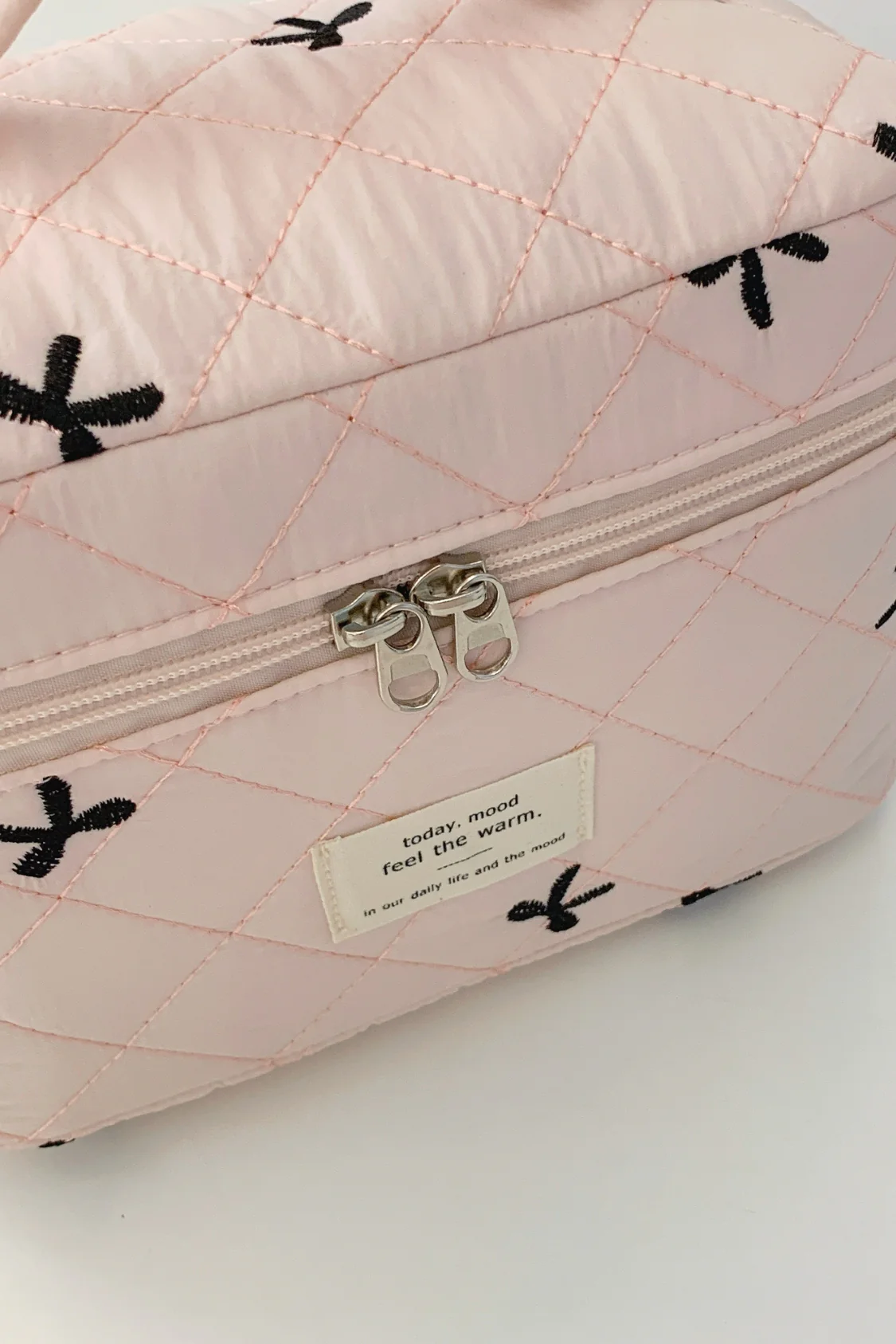 Bow Embroidered Quilted Storage Bag with Zip - Image 11