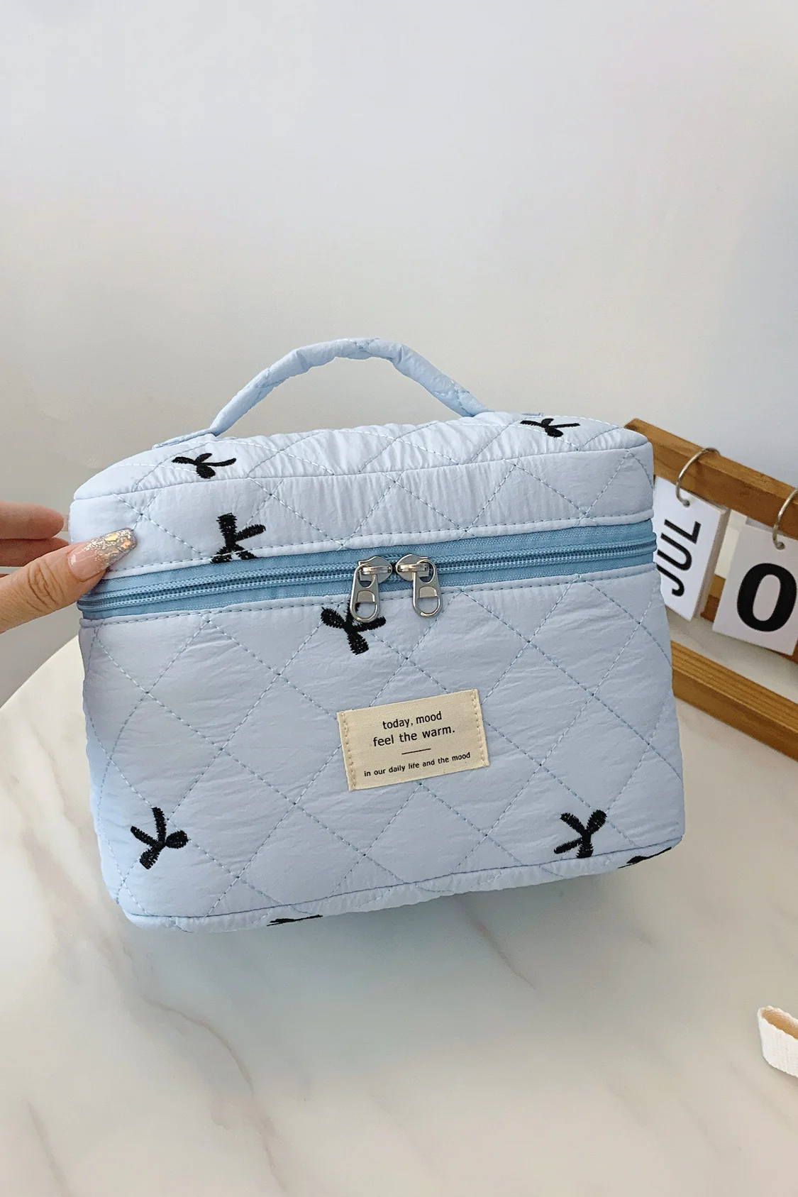 Bow Embroidered Quilted Storage Bag with Zip - Image 17