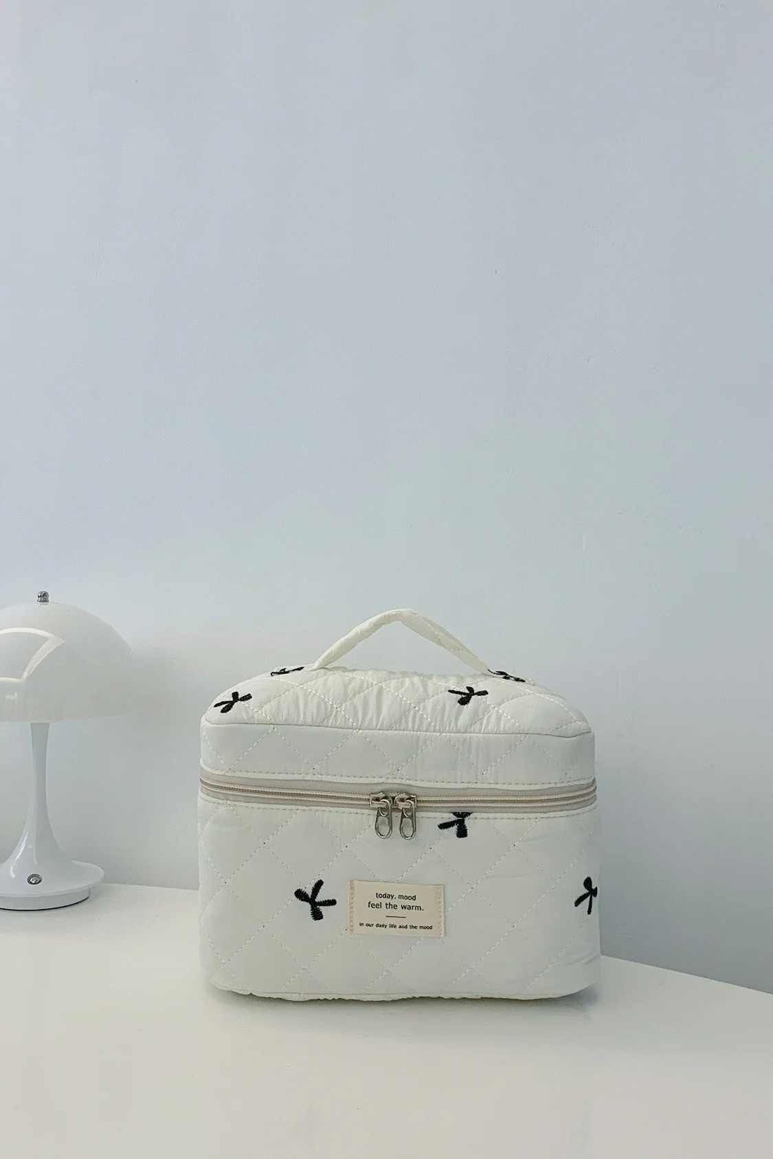 Bow Embroidered Quilted Storage Bag with Zip - Image 21