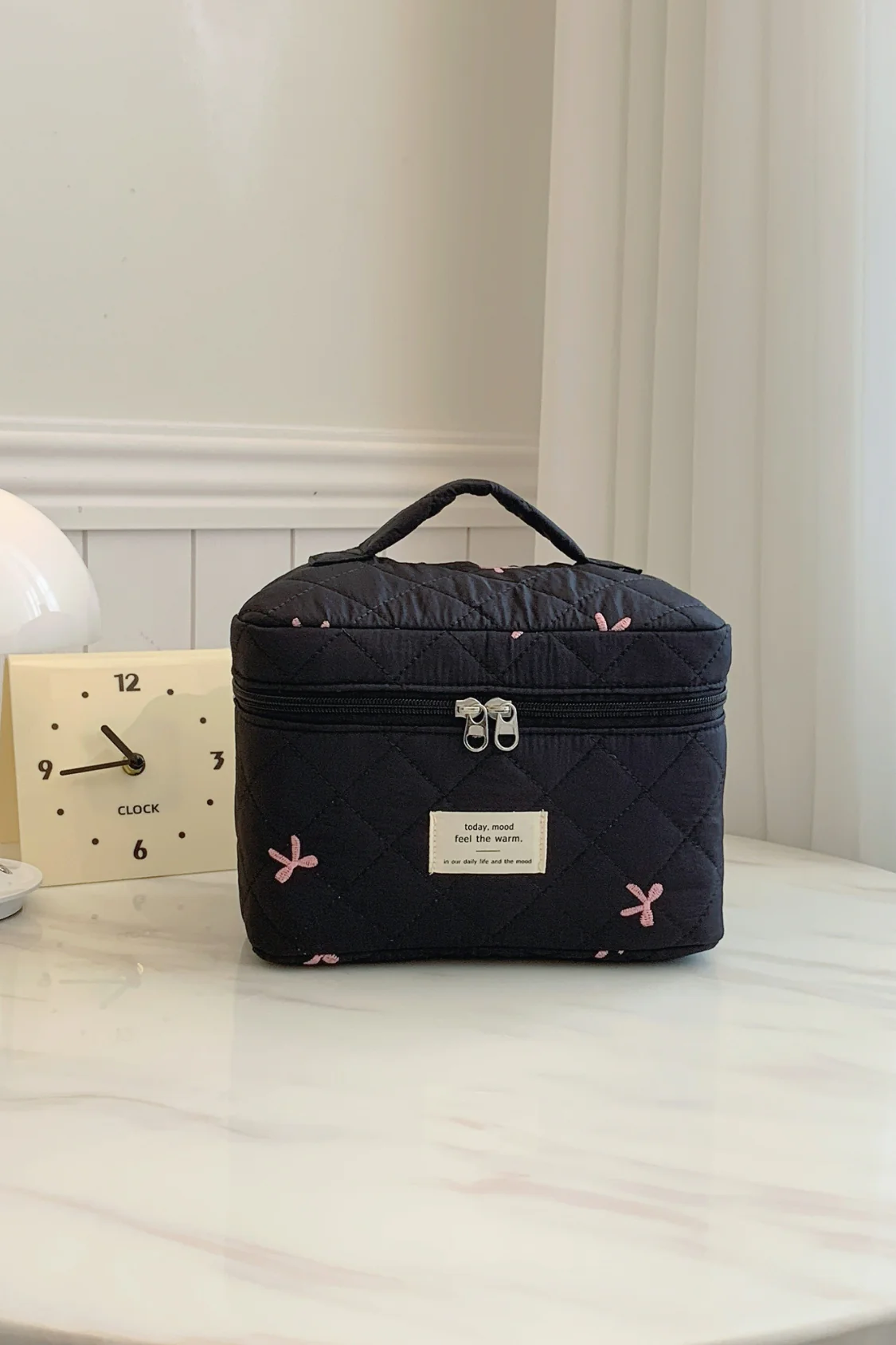 Bow Embroidered Quilted Storage Bag with Zip - Image 4
