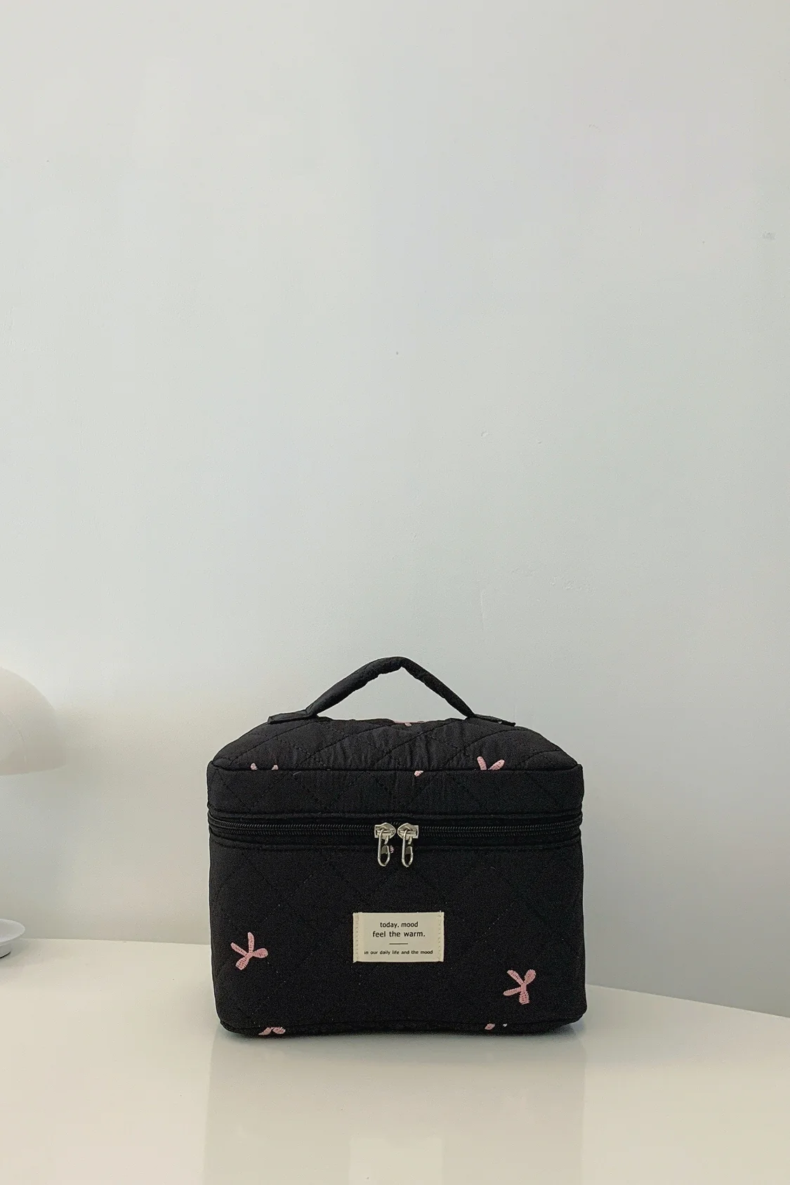 Bow Embroidered Quilted Storage Bag with Zip - Image 6