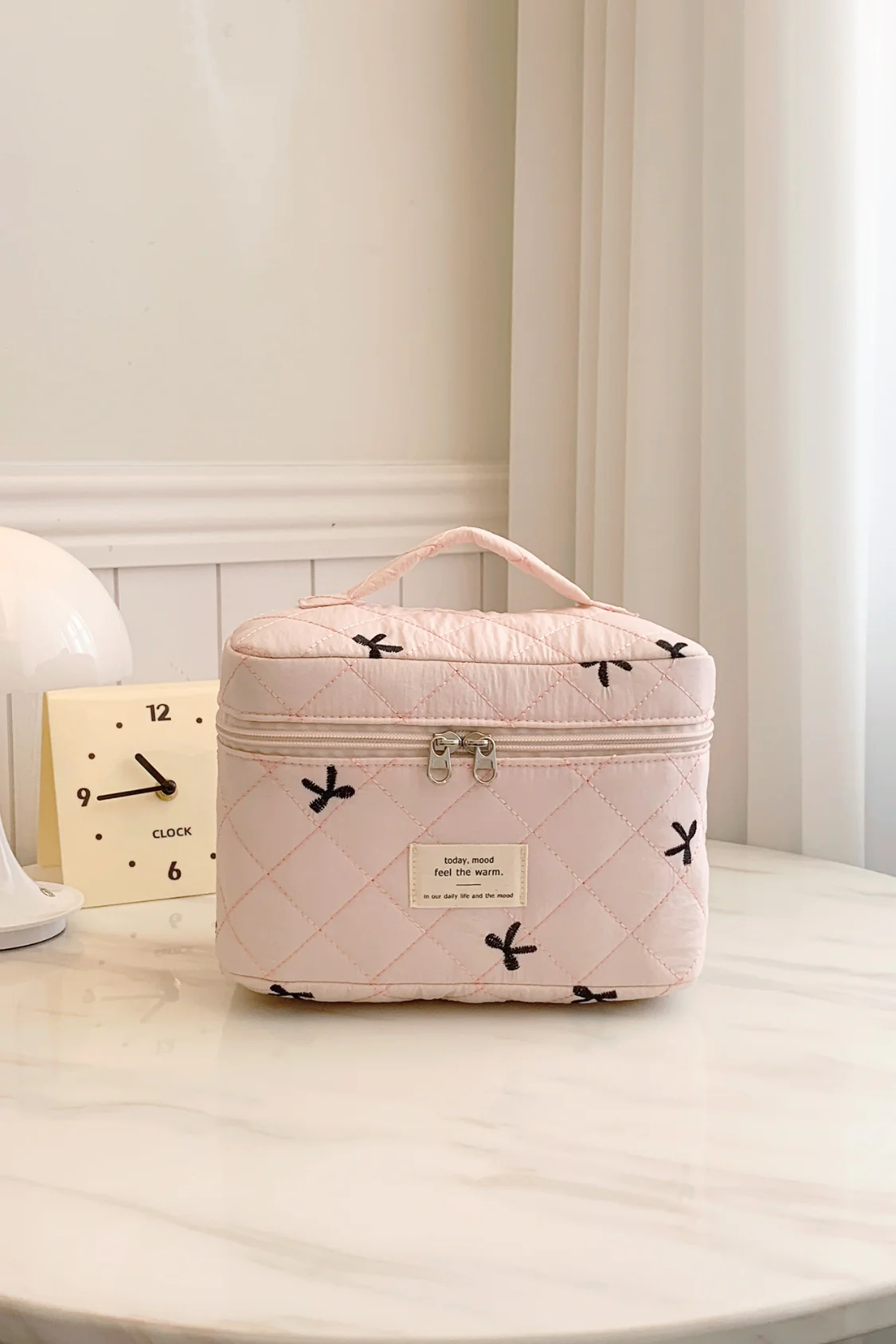 Bow Embroidered Quilted Storage Bag with Zip - Image 8