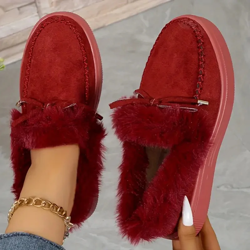 Bow Furry Round Toe Flat Slip-Ons - Image 13