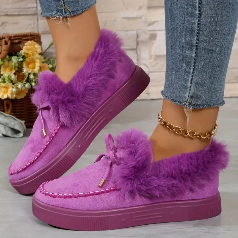 Bow Furry Round Toe Flat Slip-Ons - Image 16