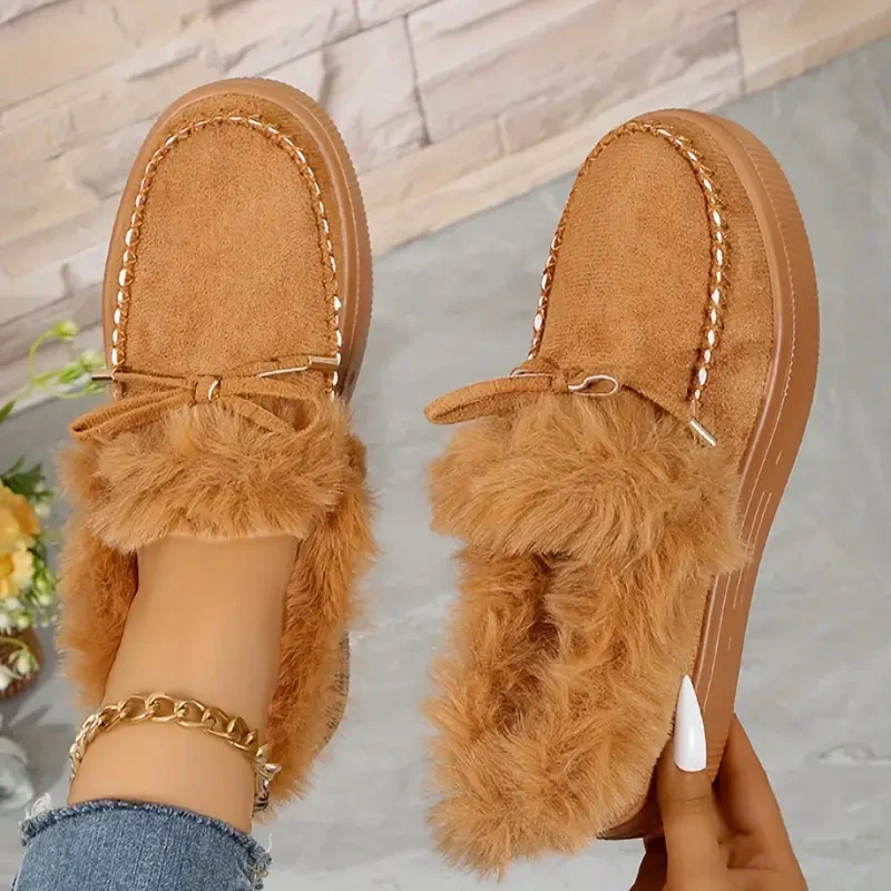 Bow Furry Round Toe Flat Slip-Ons - Image 19