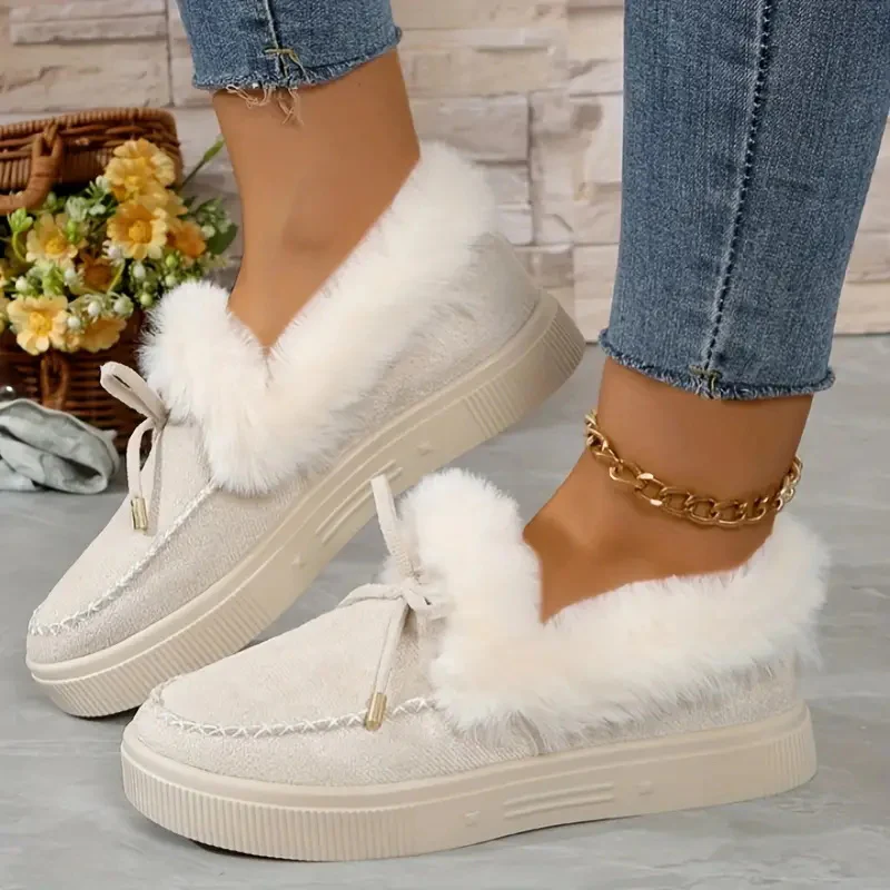 Bow Furry Round Toe Flat Slip-Ons - Image 2