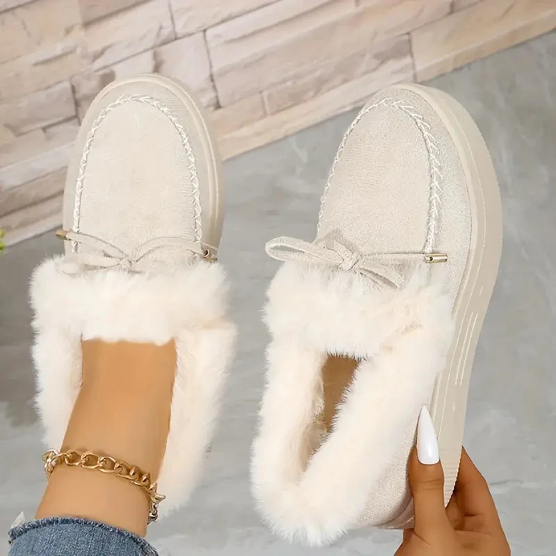 Bow Furry Round Toe Flat Slip-Ons - Image 3