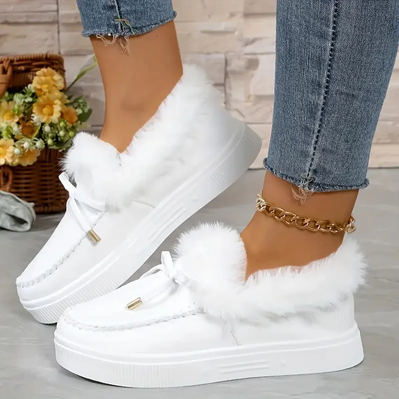 Bow Furry Round Toe Flat Slip-Ons - Image 4