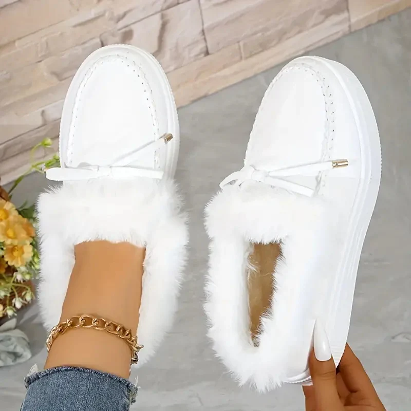 Bow Furry Round Toe Flat Slip-Ons - Image 5