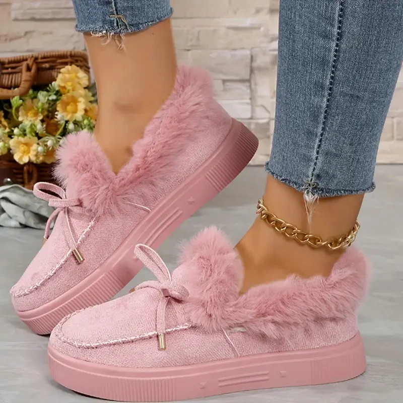 Bow Furry Round Toe Flat Slip-Ons - Image 8