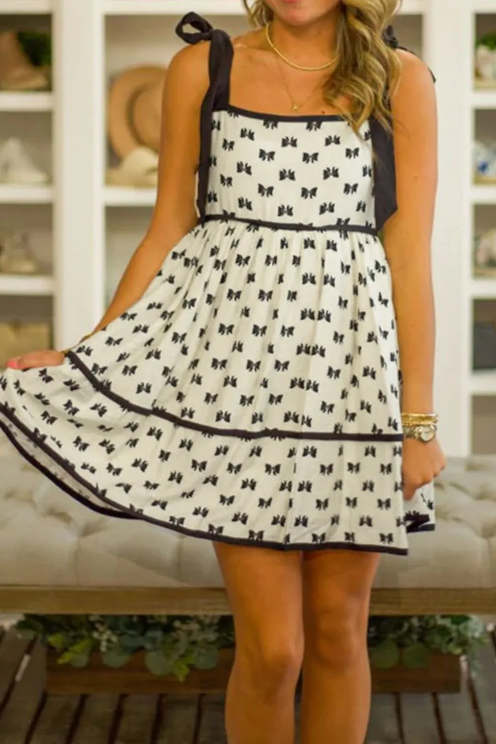 Bow Knot Color Contrast Trim Knotted Shoulder Mini Dress - Image 3