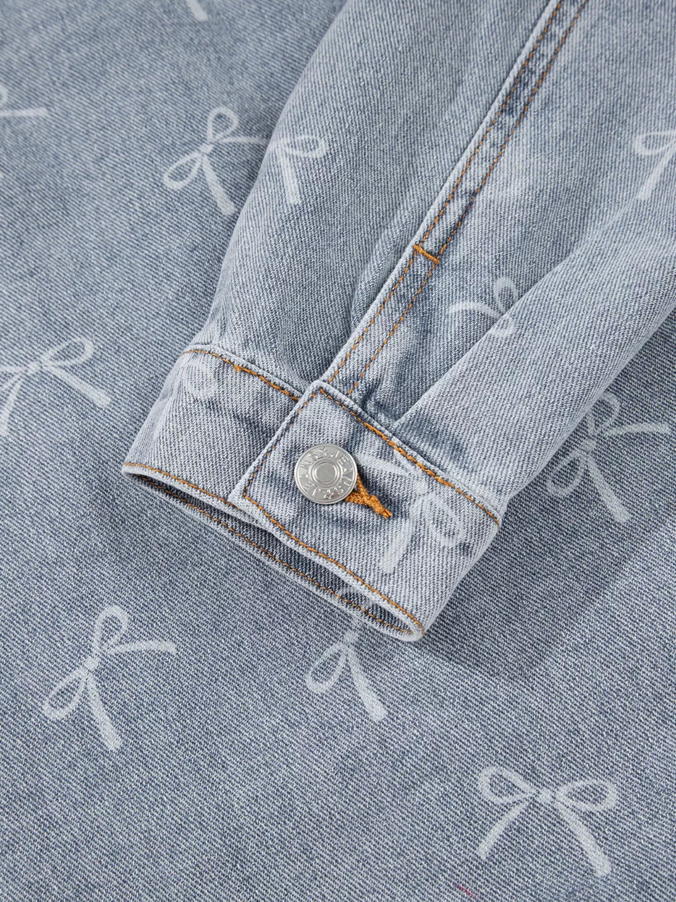 Bow Knot Print Light Wash Raw Hem Denim Jacket - Image 11