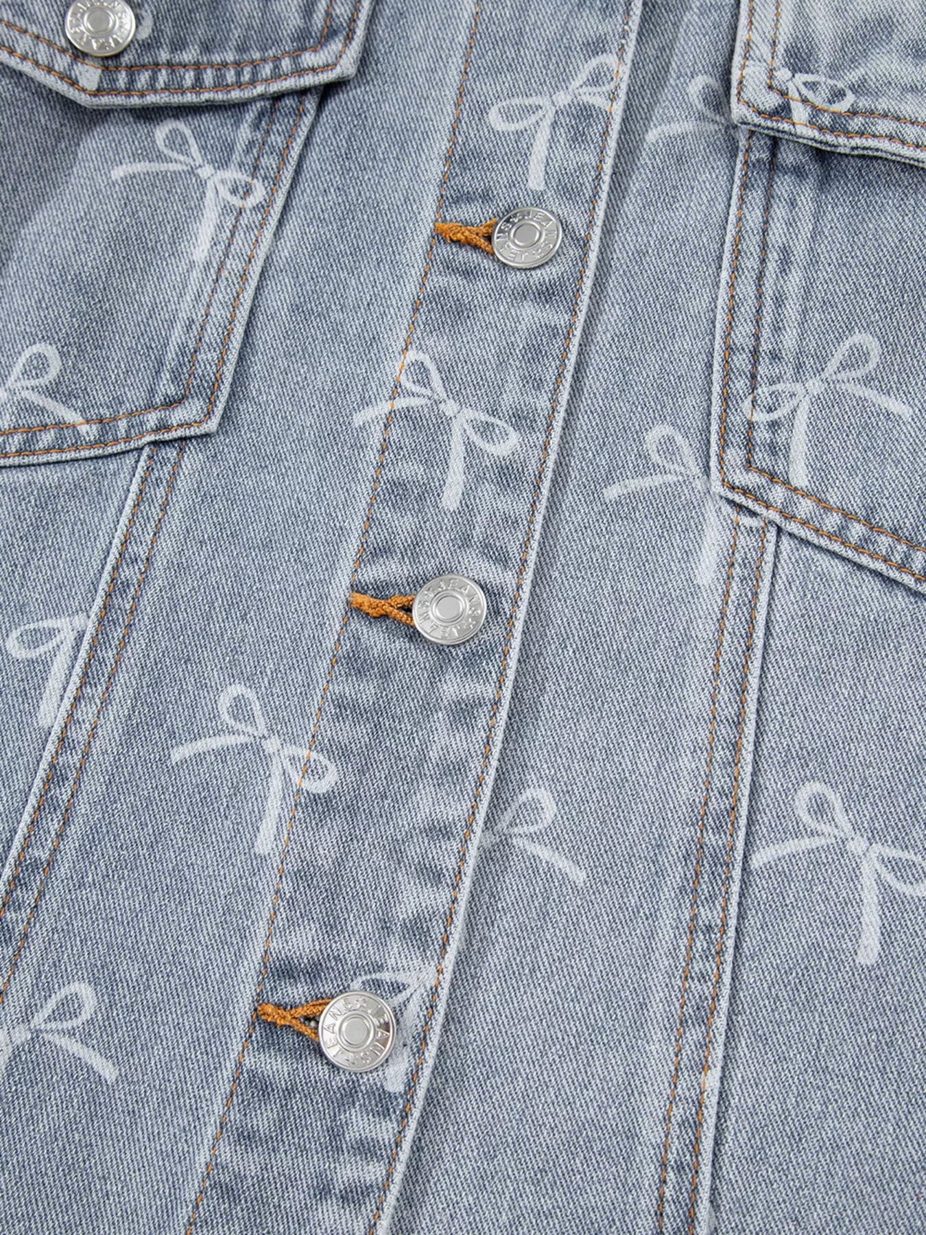Bow Knot Print Light Wash Raw Hem Denim Jacket - Image 12