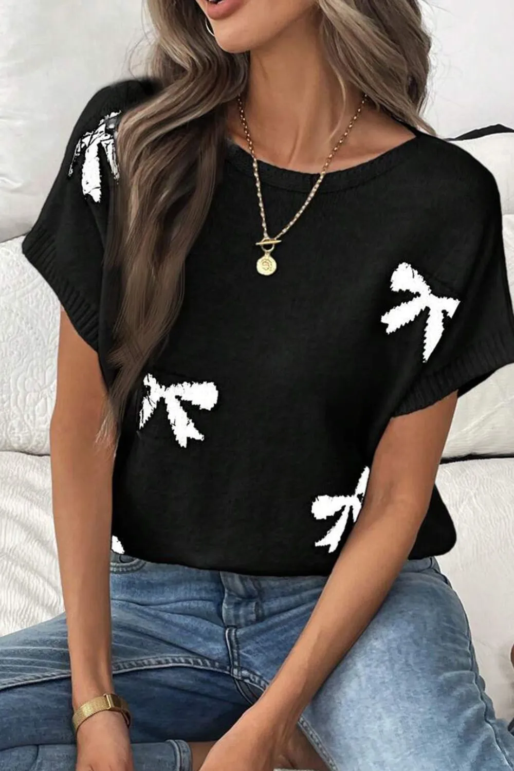 Bow Pattern Knit Short Sleeve Sweater - Image 11
