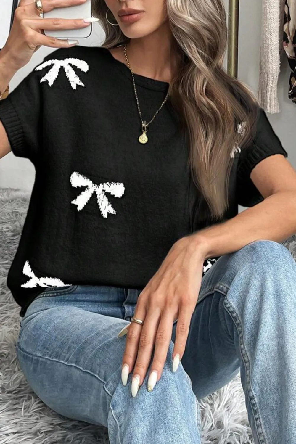 Bow Pattern Knit Short Sleeve Sweater - Image 13