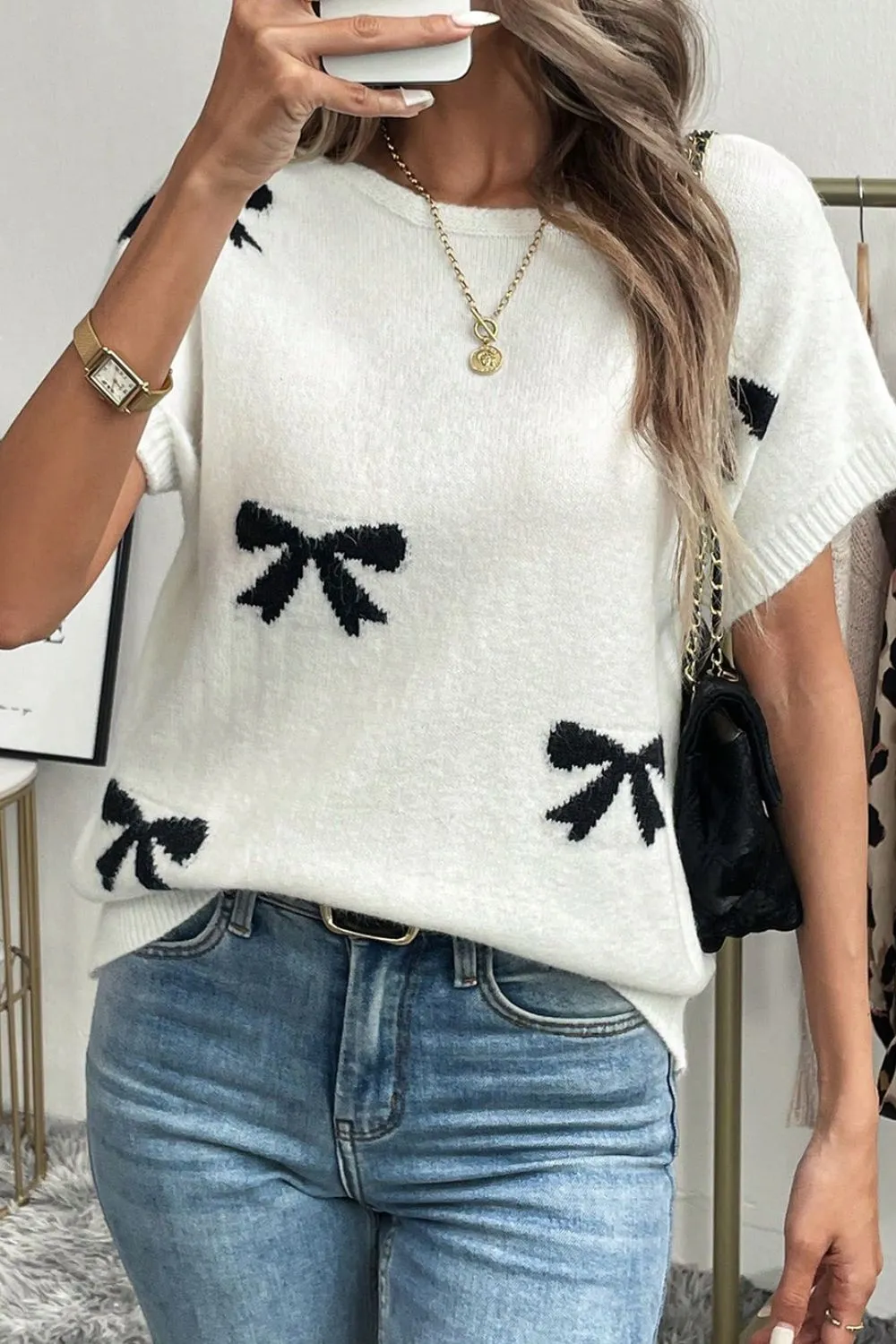 Bow Pattern Knit Short Sleeve Sweater - Image 2
