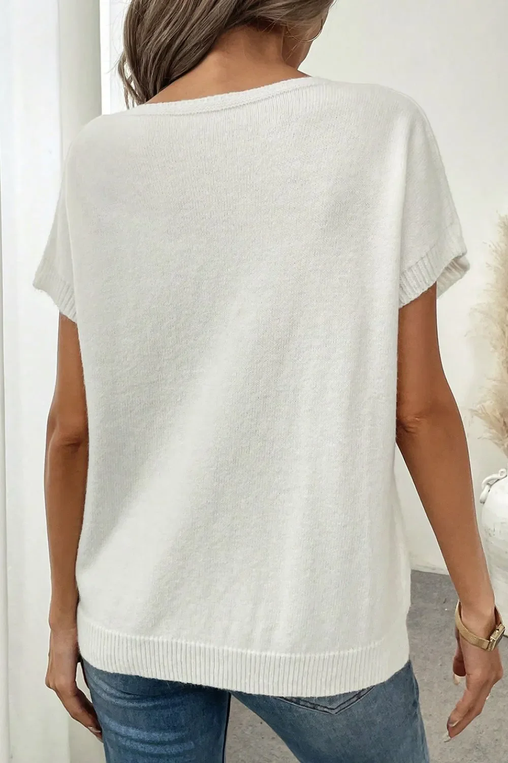 Bow Pattern Knit Short Sleeve Sweater - Image 3