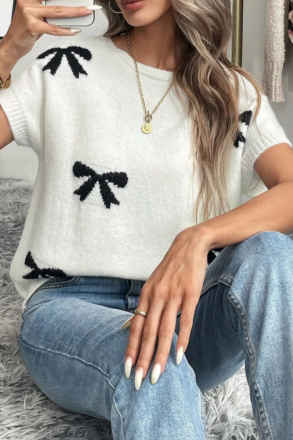 Bow Pattern Knit Short Sleeve Sweater - Image 4