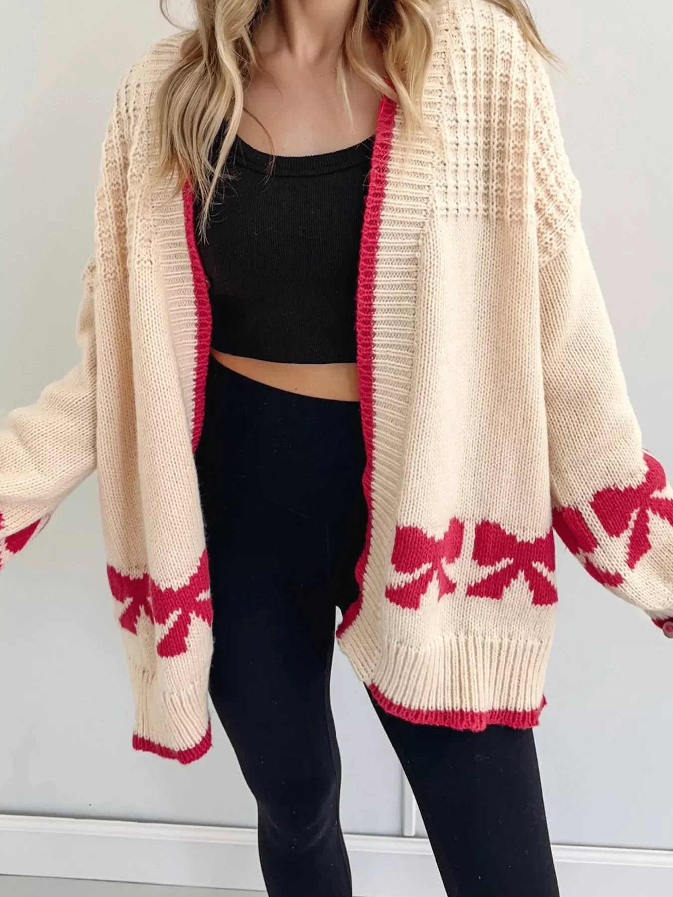 Bow Pattern Textured Open Front Baggy Cardigan