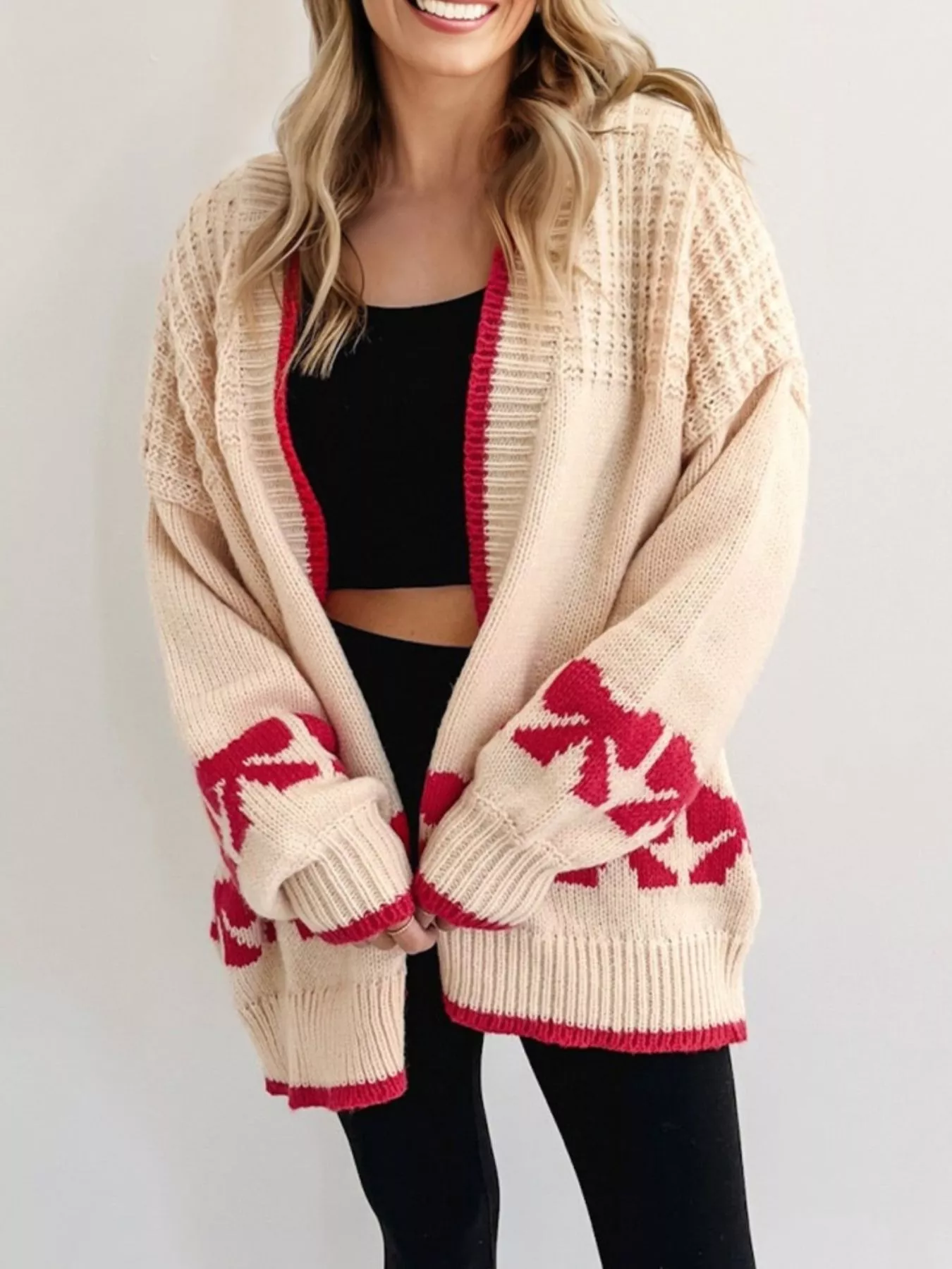Bow Pattern Textured Open Front Baggy Cardigan - Image 2