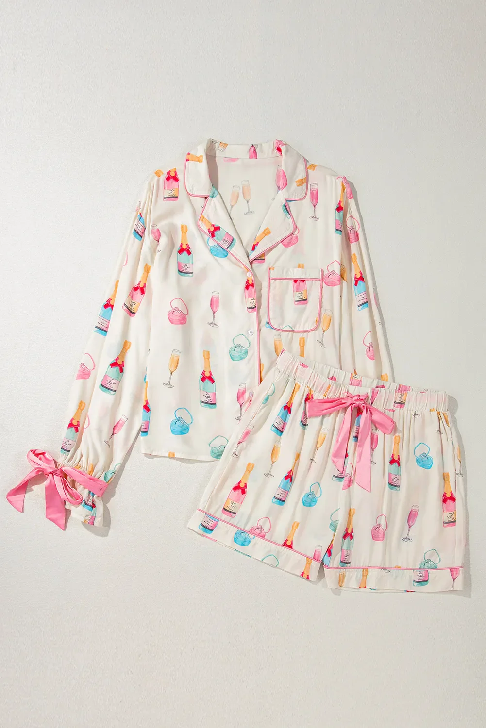 Bow Printed Collared Neck Top and Drawstring Shorts Lounge Set - Image 3