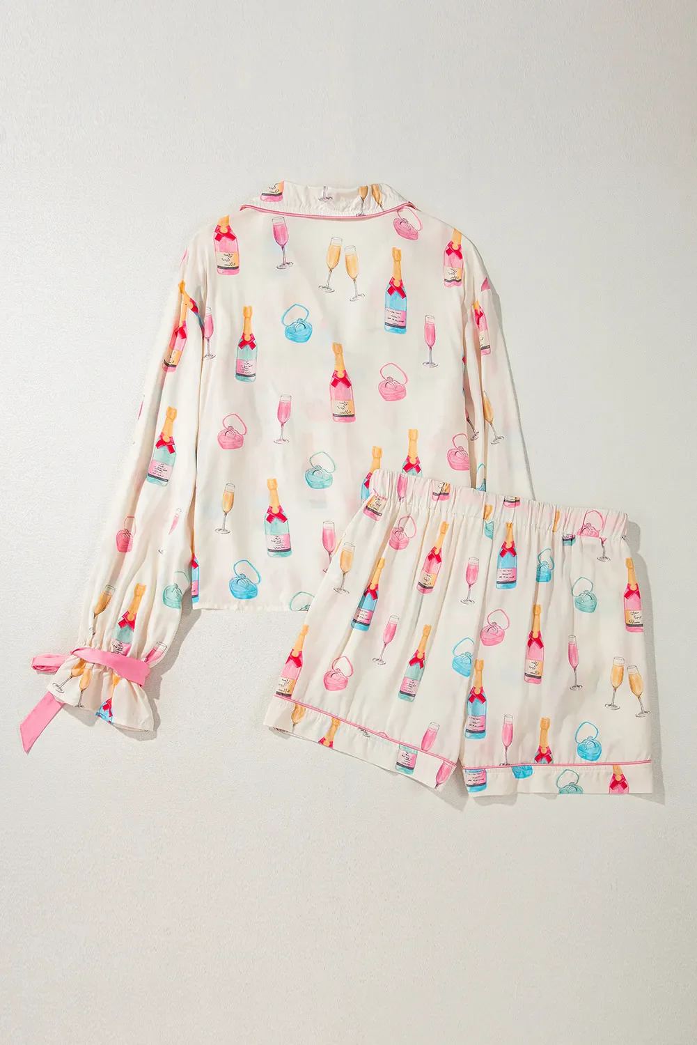 Bow Printed Collared Neck Top and Drawstring Shorts Lounge Set - Image 4