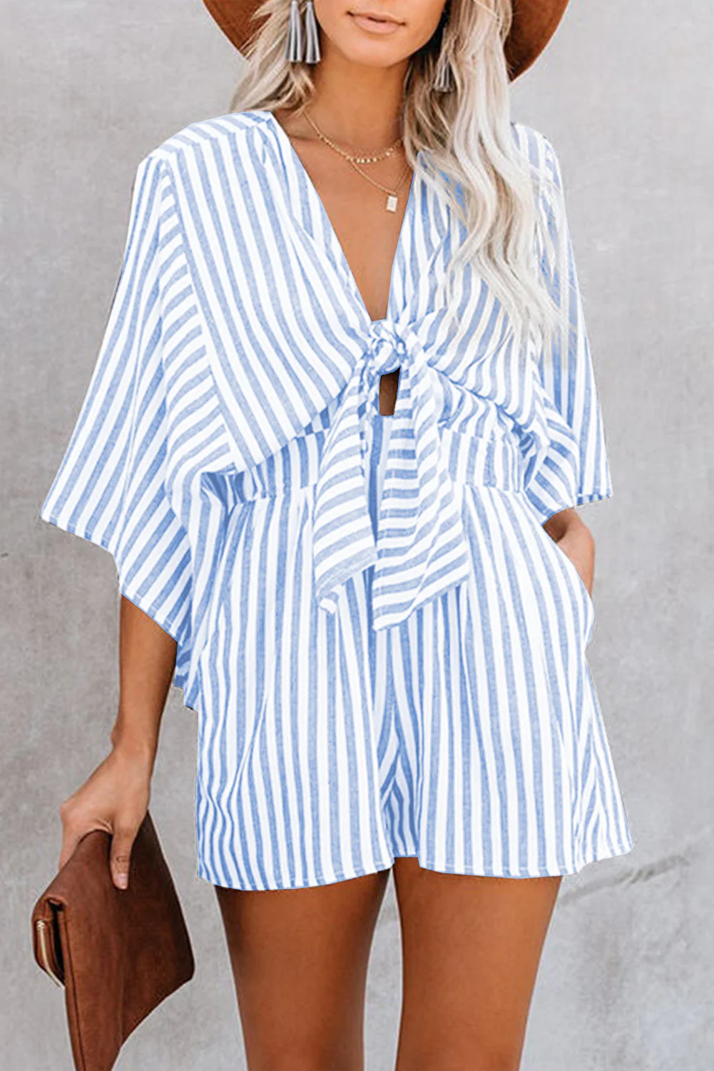 Bow Striped Kimono Sleeve Romper - Image 10