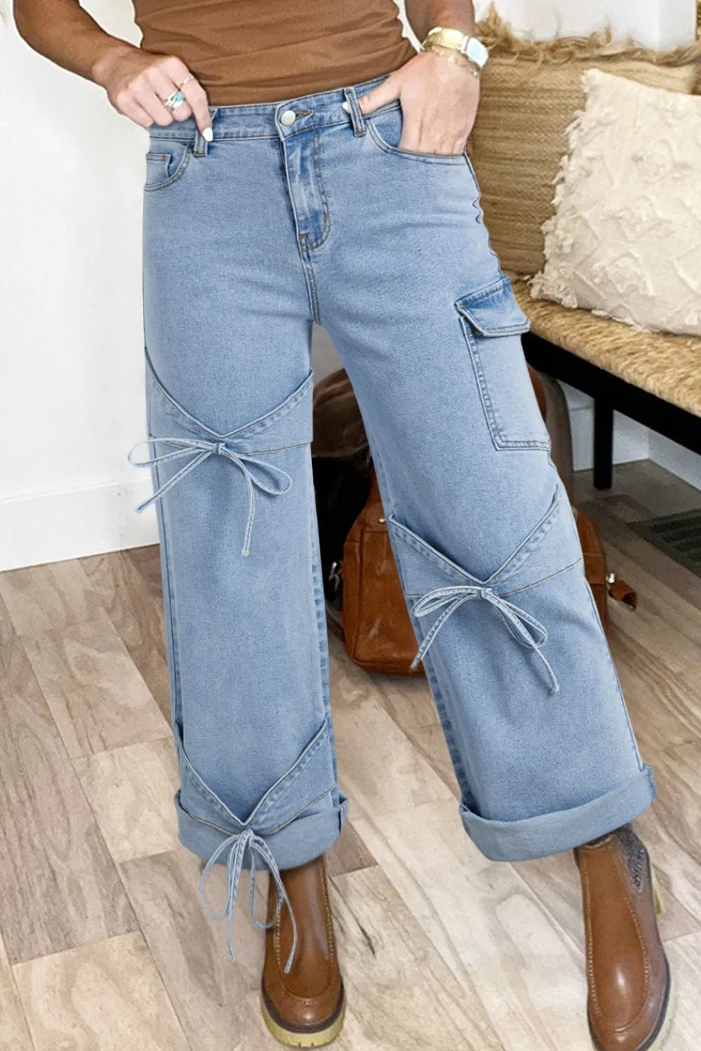 Bowknot Decor Cargo Jeans - Image 2
