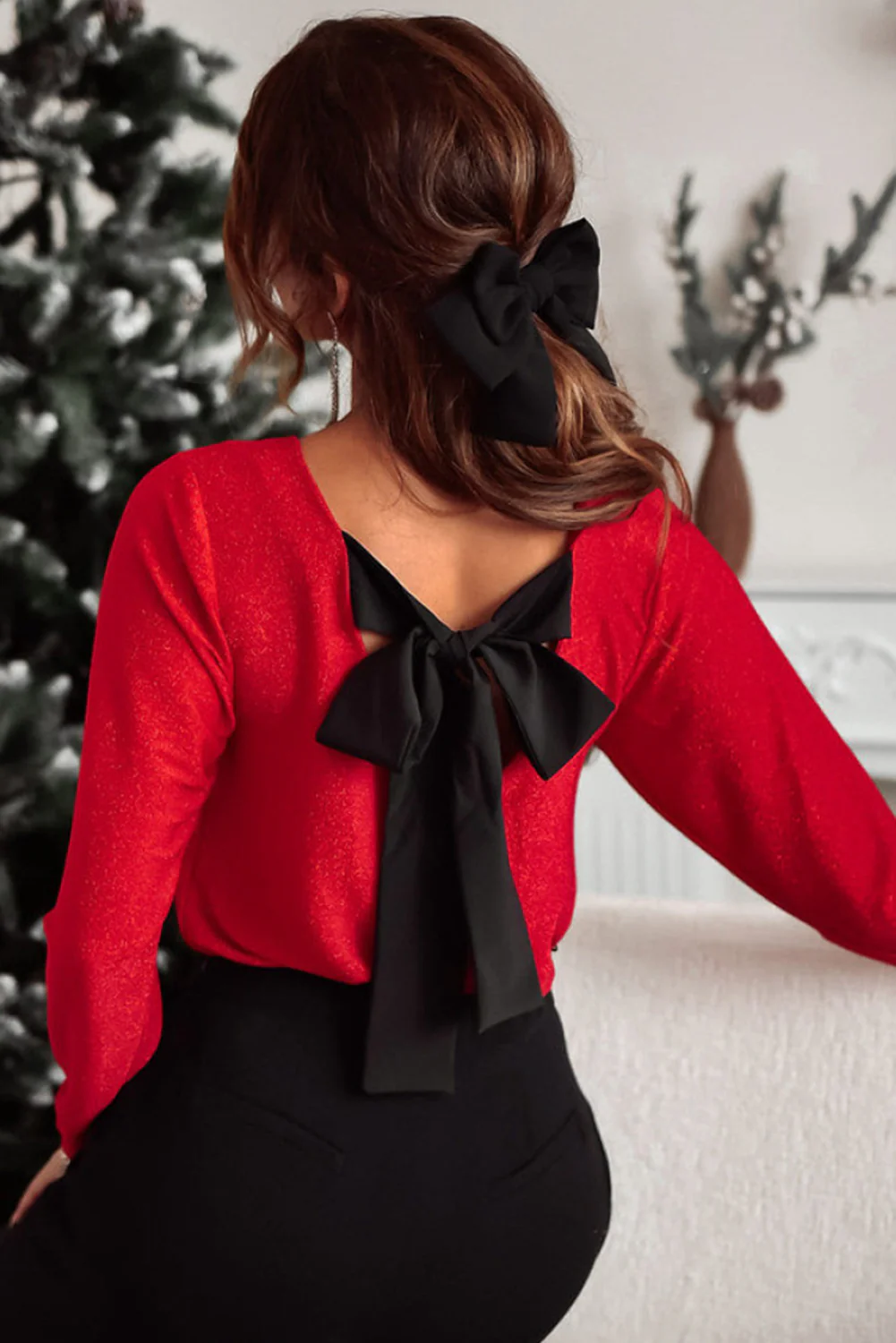 Bowknot V-Neck Long Sleeve Blouse - Image 2