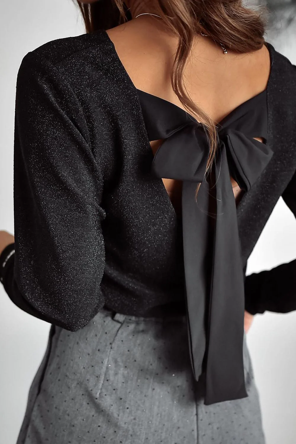 Bowknot V-Neck Long Sleeve Blouse - Image 4