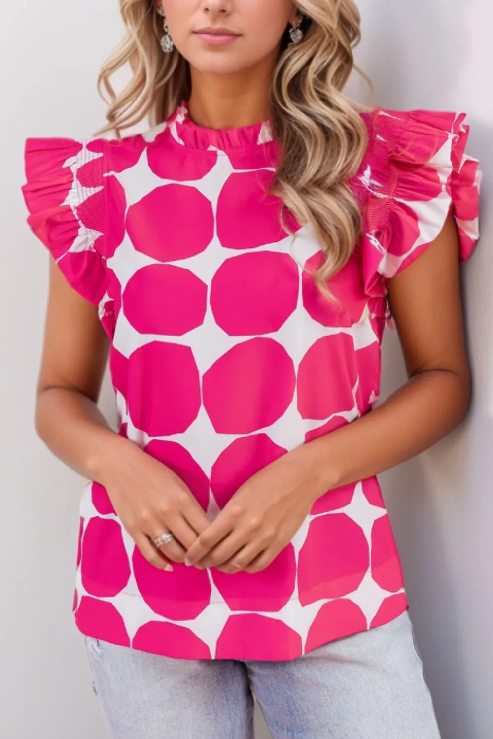 Bubblegum Pattern Frilled Collar Flutter Sleeve Top - Image 2