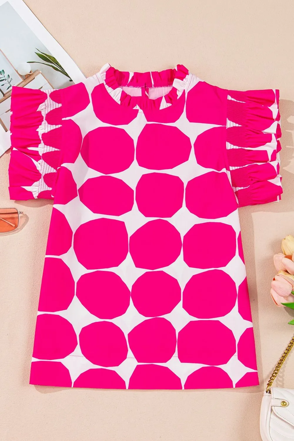 Bubblegum Pattern Frilled Collar Flutter Sleeve Top - Image 6
